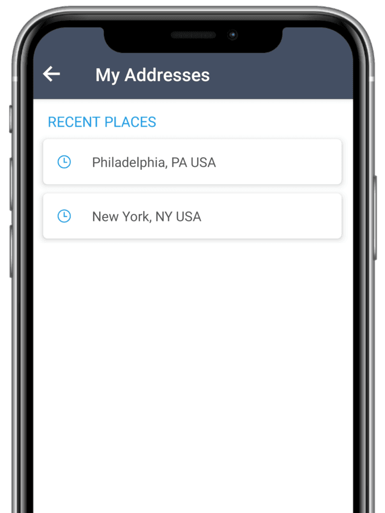 My Addresses screen listing recently used pickup and drop-off locations