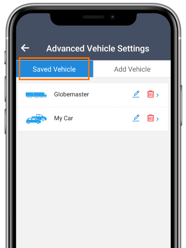 List of saved vehicles in the TollGuru app