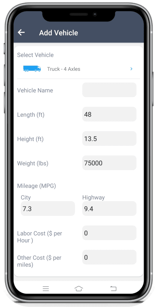 Add Vehicle form with vehicle type, name, dimensions, weight, and mileage fields