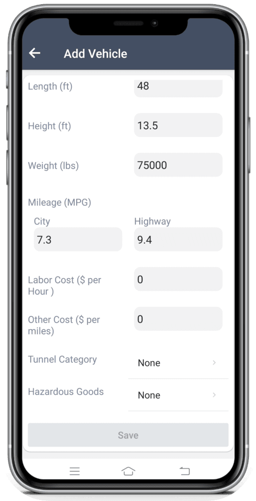 Add Vehicle form scrolled down to show Tunnel Category, Hazardous Goods, and the Save button