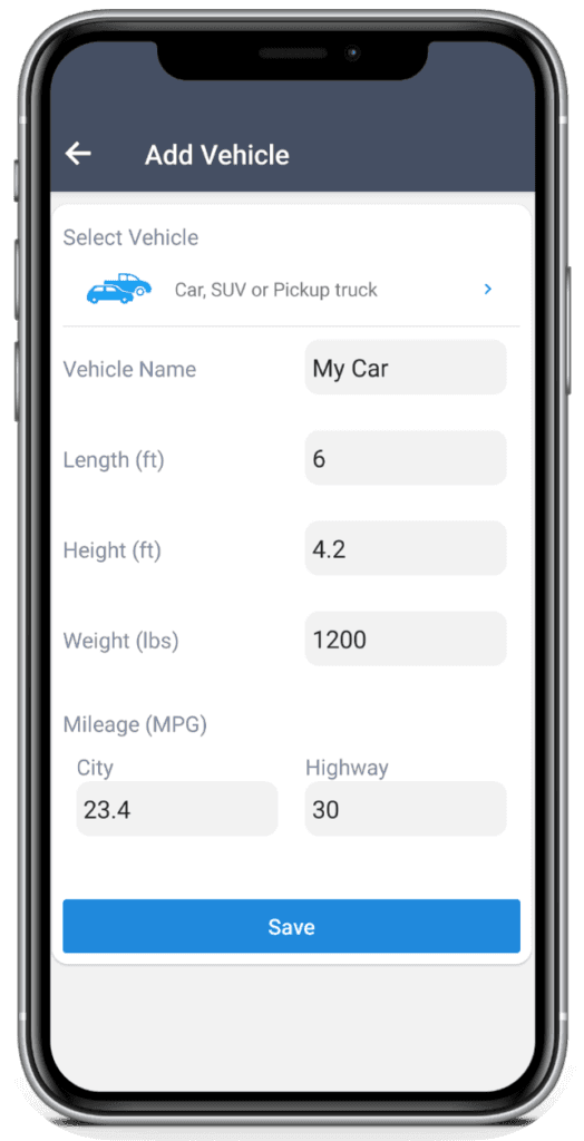 Completed Add Vehicle form for a car named My Car, ready to save