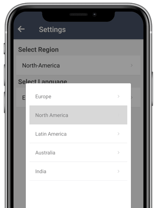 Settings screen showing region and language options in the TollGuru app