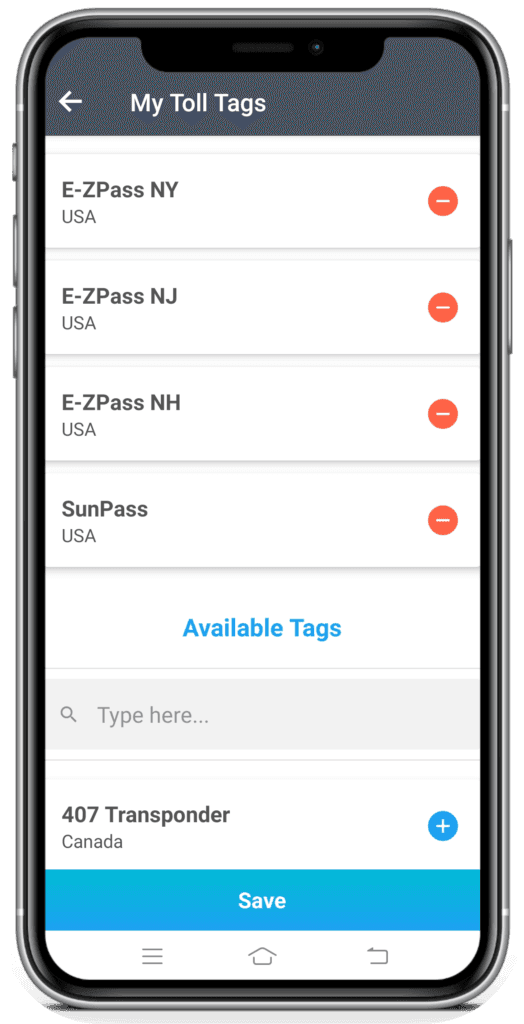 My Toll Tags screen listing added toll tags and available tags to add