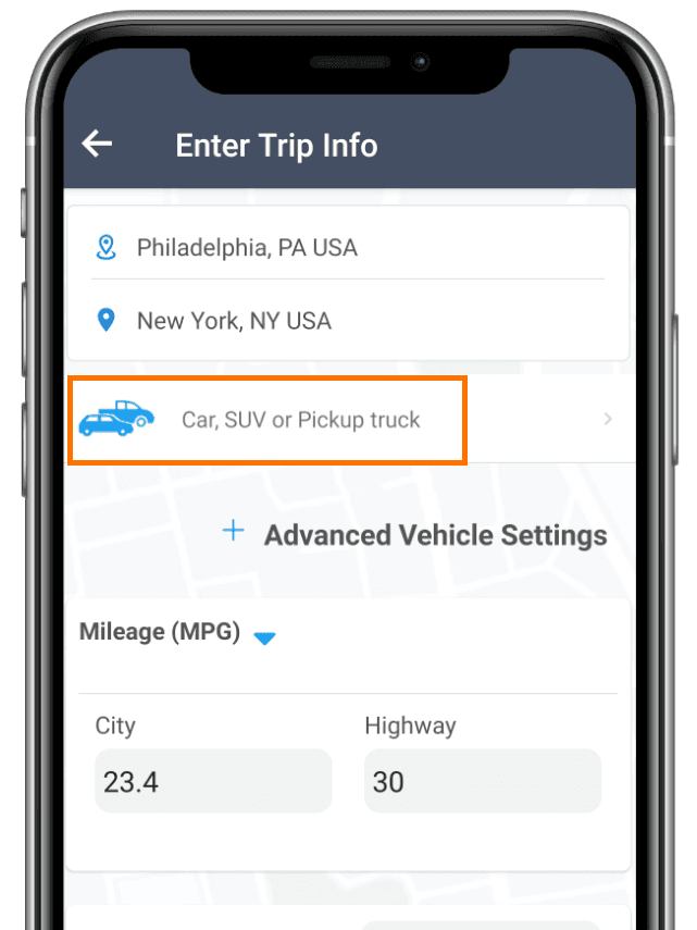 Vehicle type selection screen for toll calculation