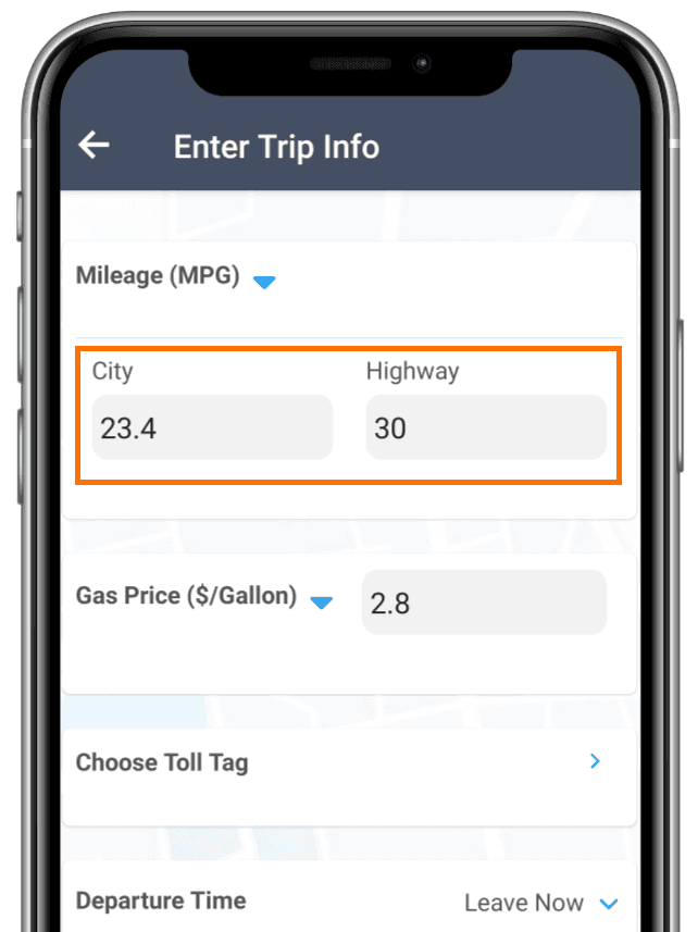 City and highway mileage input fields