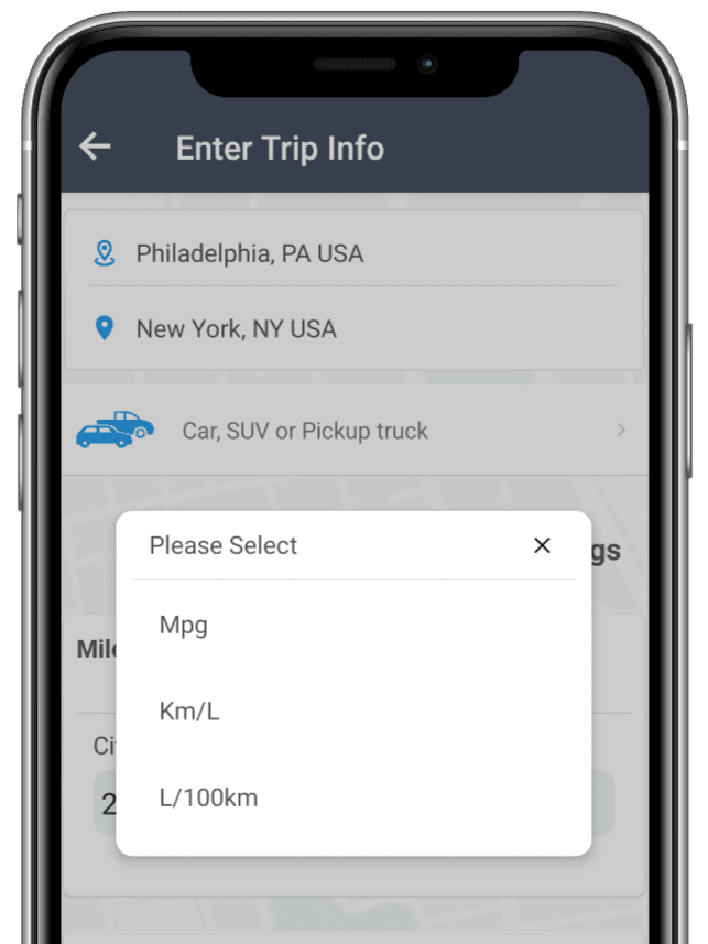 Mileage unit dropdown showing Mpg, Km/L, and L/100km options