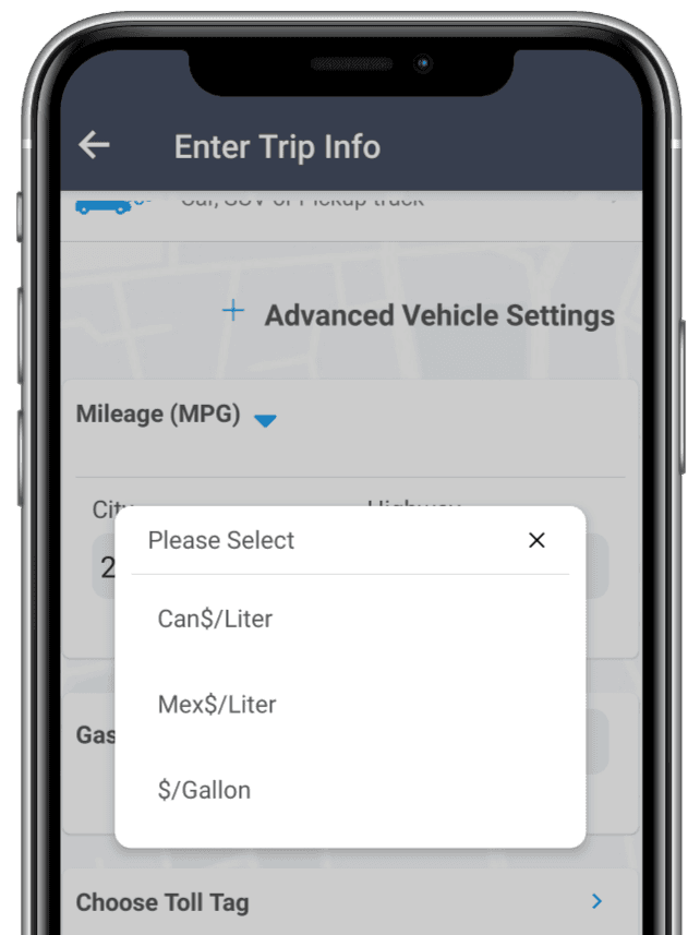 Gas price unit dropdown showing Can$/Liter, Mex$/Liter, and $/Gallon options