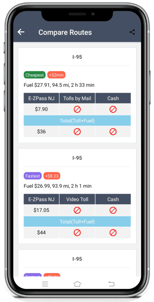 Compare Routes screen showing trade-offs between route options