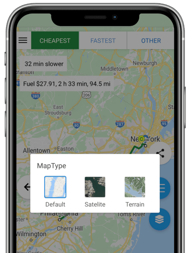 Map type selector showing Default, Satellite, and Terrain options