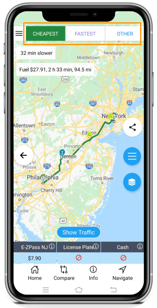 Cheapest, Fastest, and Others tabs on the trip results screen
