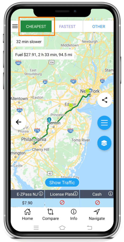 Cheapest route tab showing the route map, travel time, and fuel cost