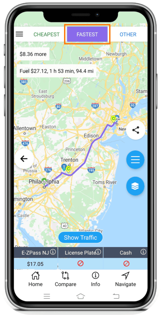 Fastest route tab showing a quicker route at a higher cost