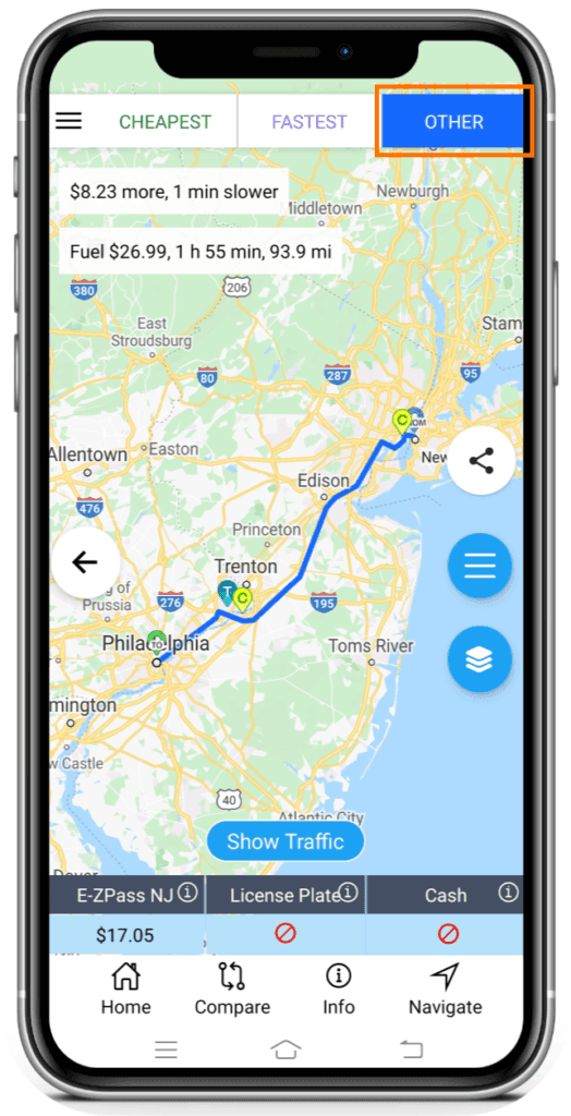 Other route tab showing an alternative route option