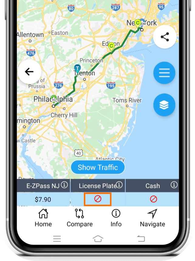 Toll cost table for cash, tag transponder, and license plate payment methods