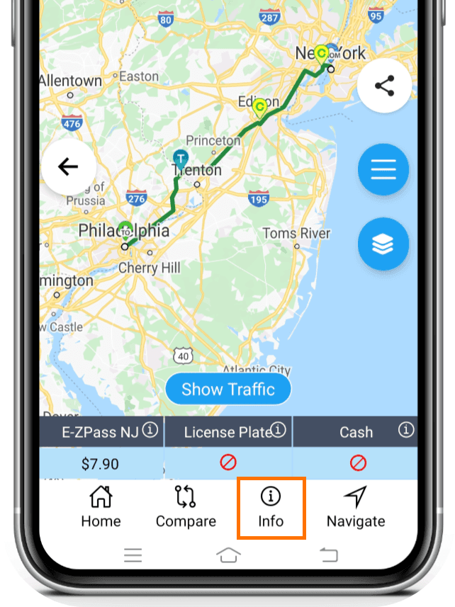 Info button showing the list of toll plazas en route with payment methods and rates