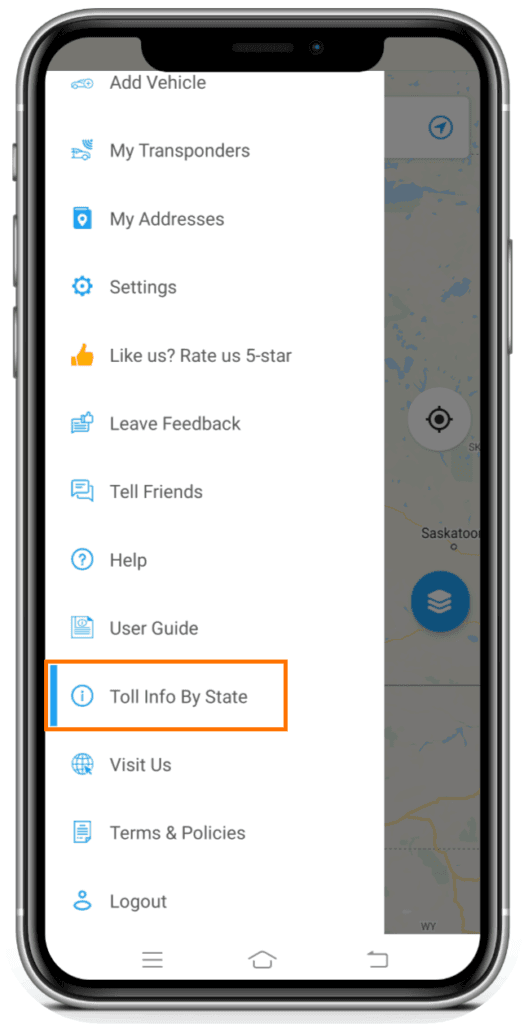 Toll Info by State menu option in the TollGuru app
