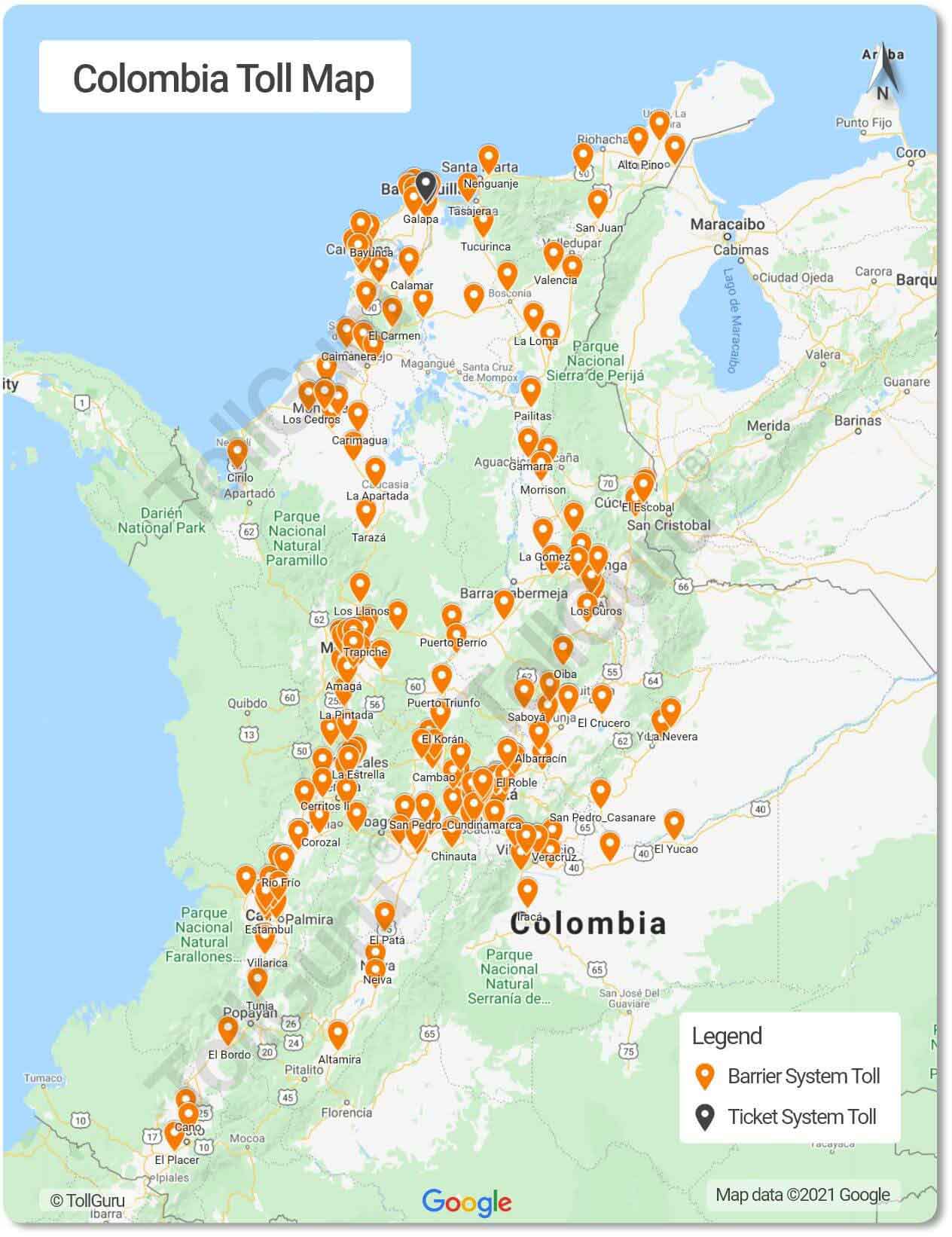 Toll plazas of Colombia on national and departmental roads including Oriente Tunnel, Pipiral toll, Circasia toll and those connecting Bogotá to other cities.
