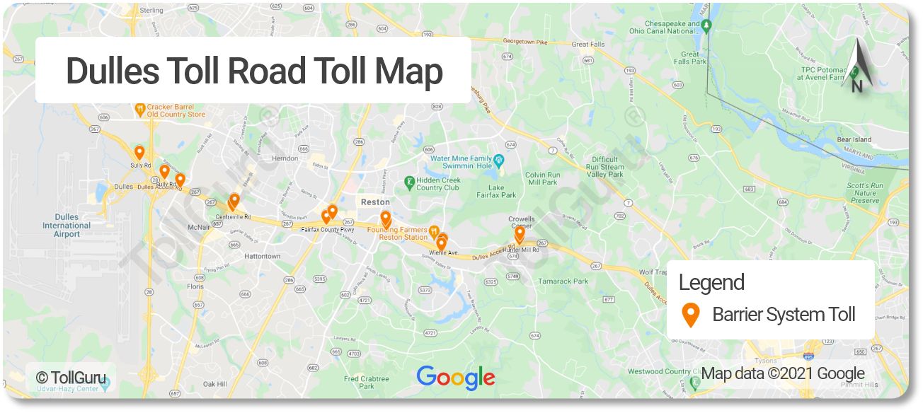 Toll booth locations on the Dulles toll road consisting of Dulles Greenway and Dulles Access Road.