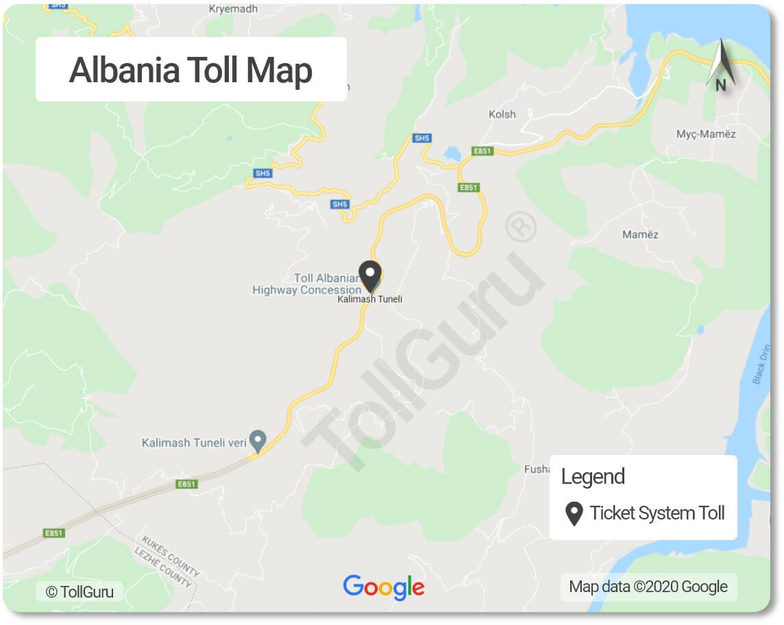 The only toll plaza in Albania is for the A1 Rruga e Kombit highway which is located at the entrance of Kalimash tunnel.