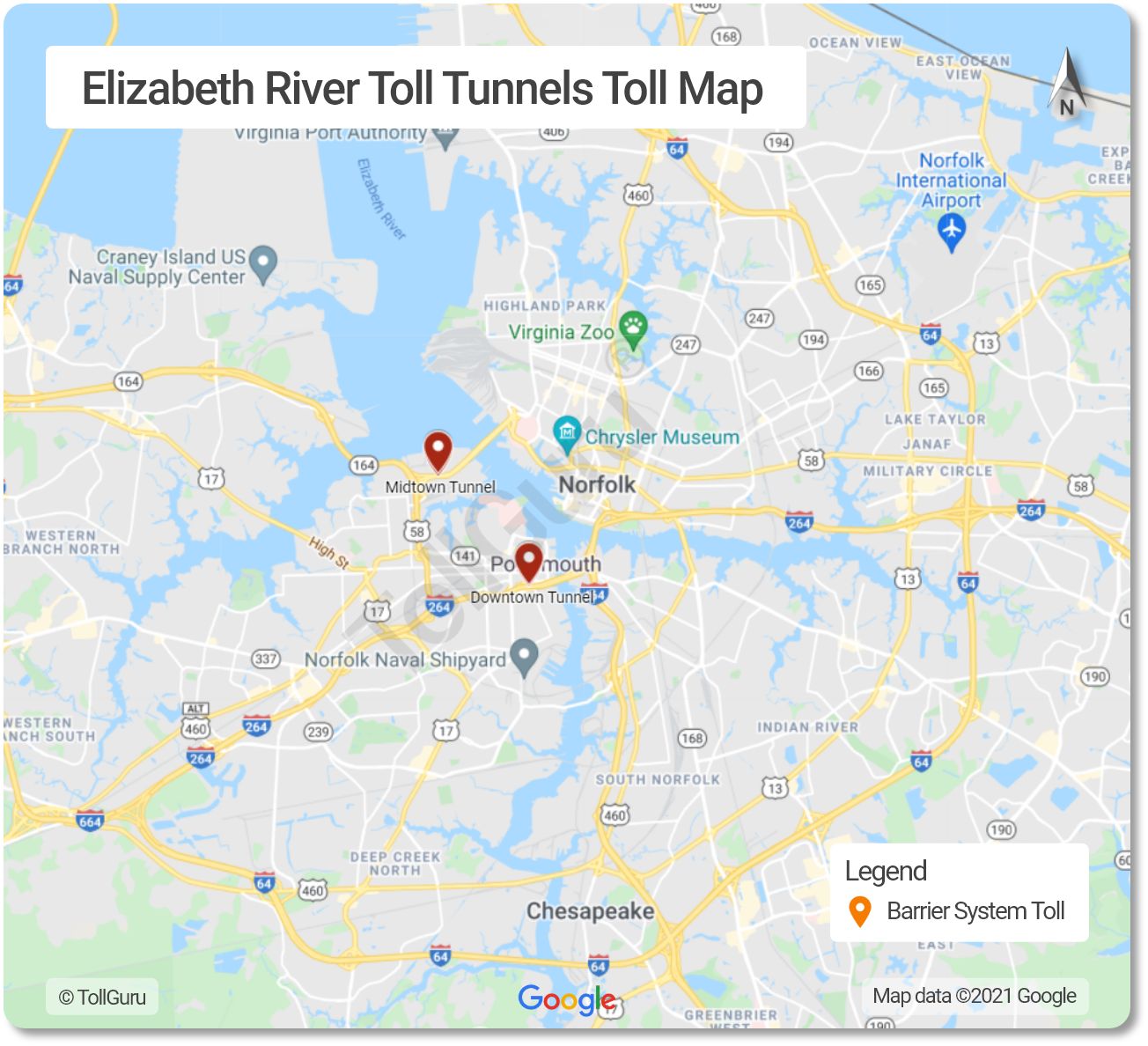 Toll booth locations on Elizabeth River Toll Tunnels consisting of Downtown and Midtown tunnels.