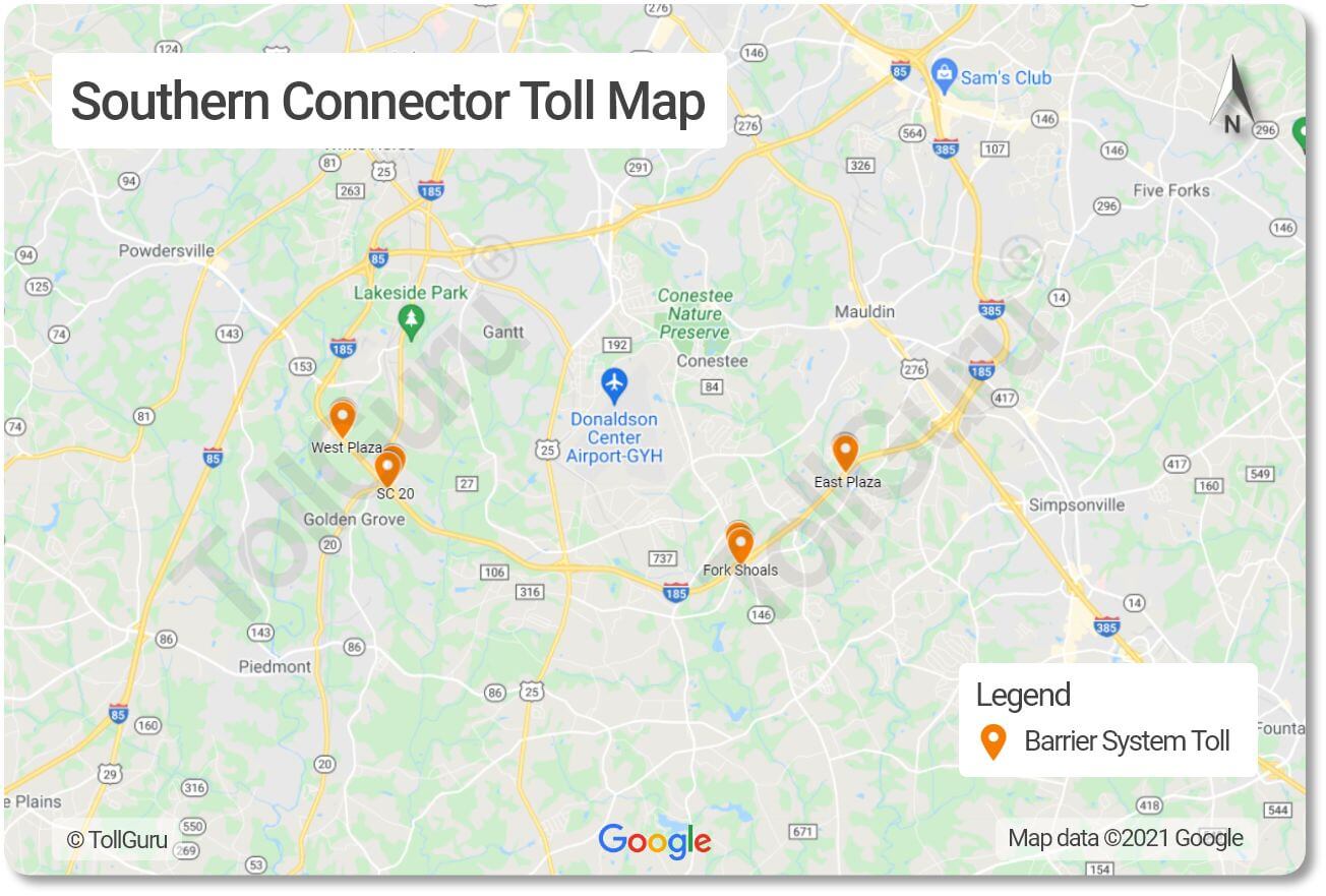 Toll booth locations on Southern Connector- spur route of I-85 into Greenville of South Carolina.