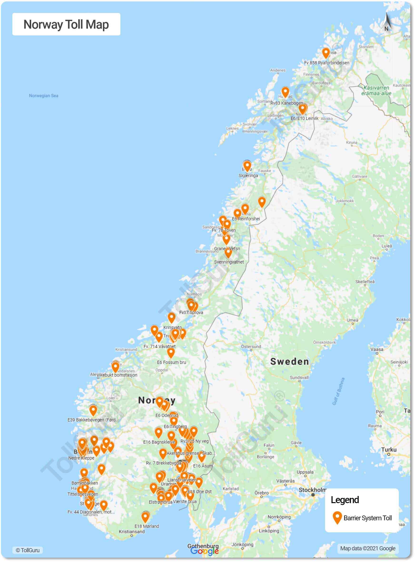 The toll plazas in Norway all the motorways, ring roads, bridges and tunnels including Oslo ring road and Svinesun bridge.