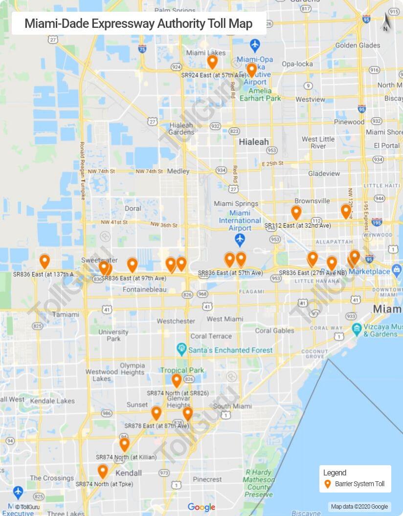 Toll booth locations of Miami-Dade Expressway Authority roads as Florida 924. Don Shula Expressway, Florida 836