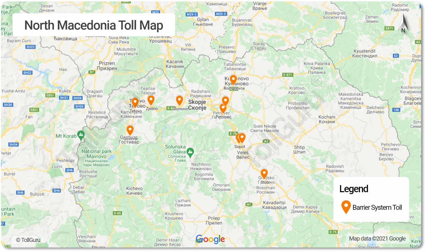 The toll plazas in North Macedonia for all the motorways including A2, A1, and A4 where tolls must be paid in cash only.