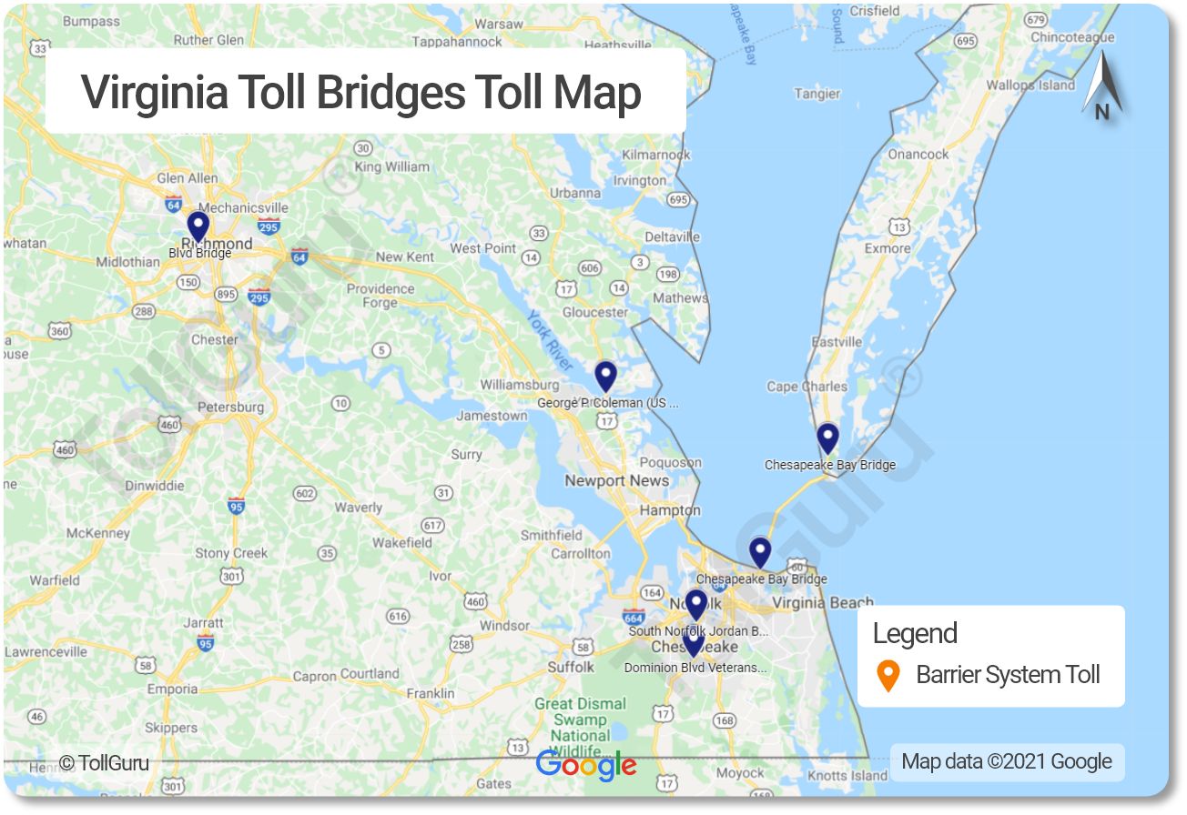 Toll booth locations on the Virginia toll bridges consisting of George P. Coleman Memorial Bridge, Boulevard Bridge and Jordan Bridge.
