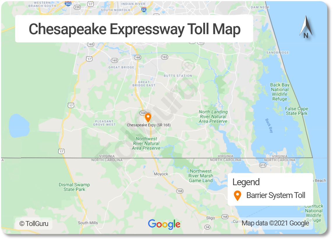 Toll booth locations on Chesapeake Expressway connecting I-64 in Chesapeake to North Carolina and the Outer Banks.