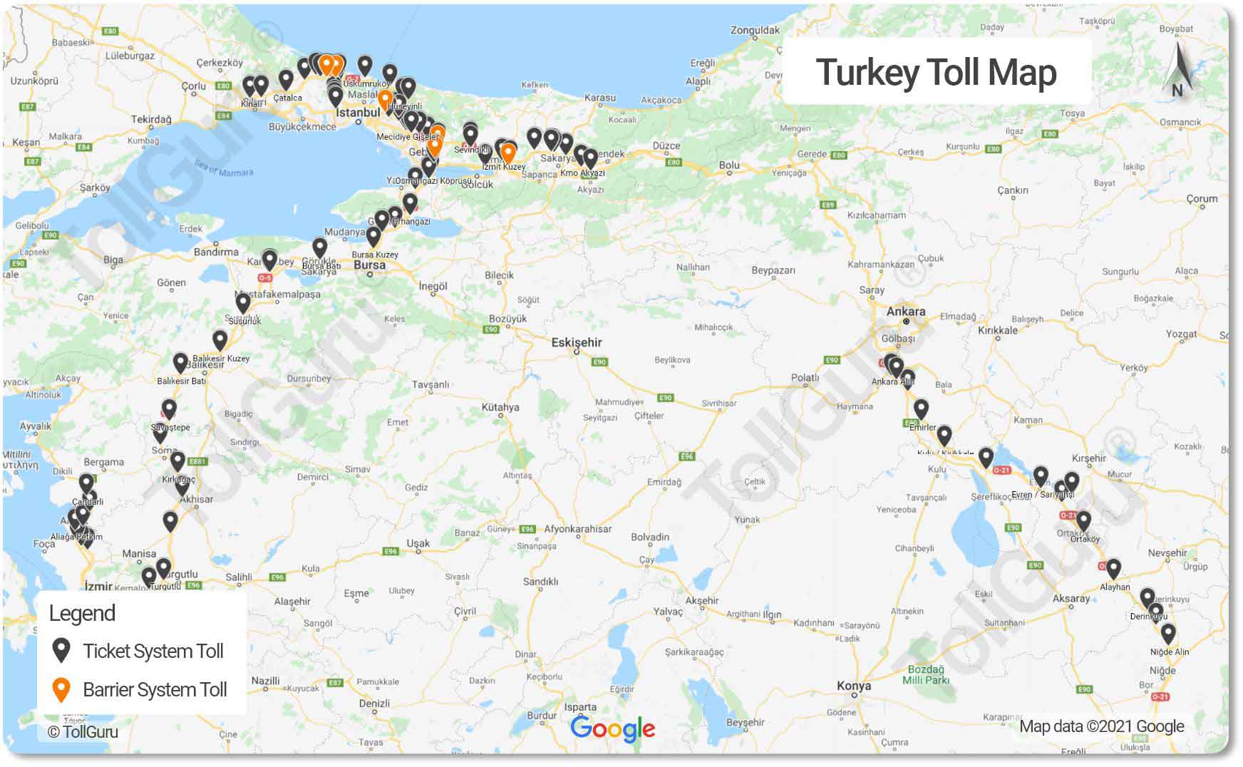 The toll plazas in Turkey for all the highways and bridges including Bosphorus Bridge and Osmangazi Bridge.