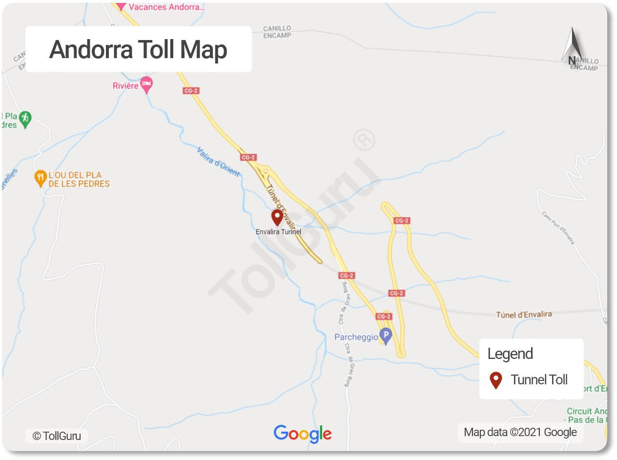 The only toll plaza in Andorra is for Envalira toll tunnel where toll rate depends on vehicle type and weight, and only cash is accepted.