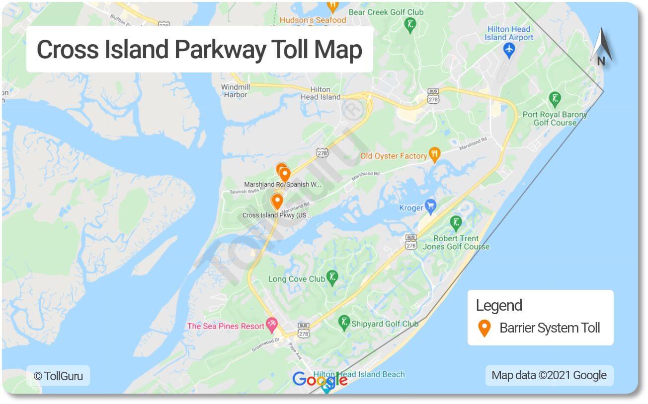 Toll booth locations on Cross Island Parkway- a toll road on Hilton Head Island joining US-278 Business road.