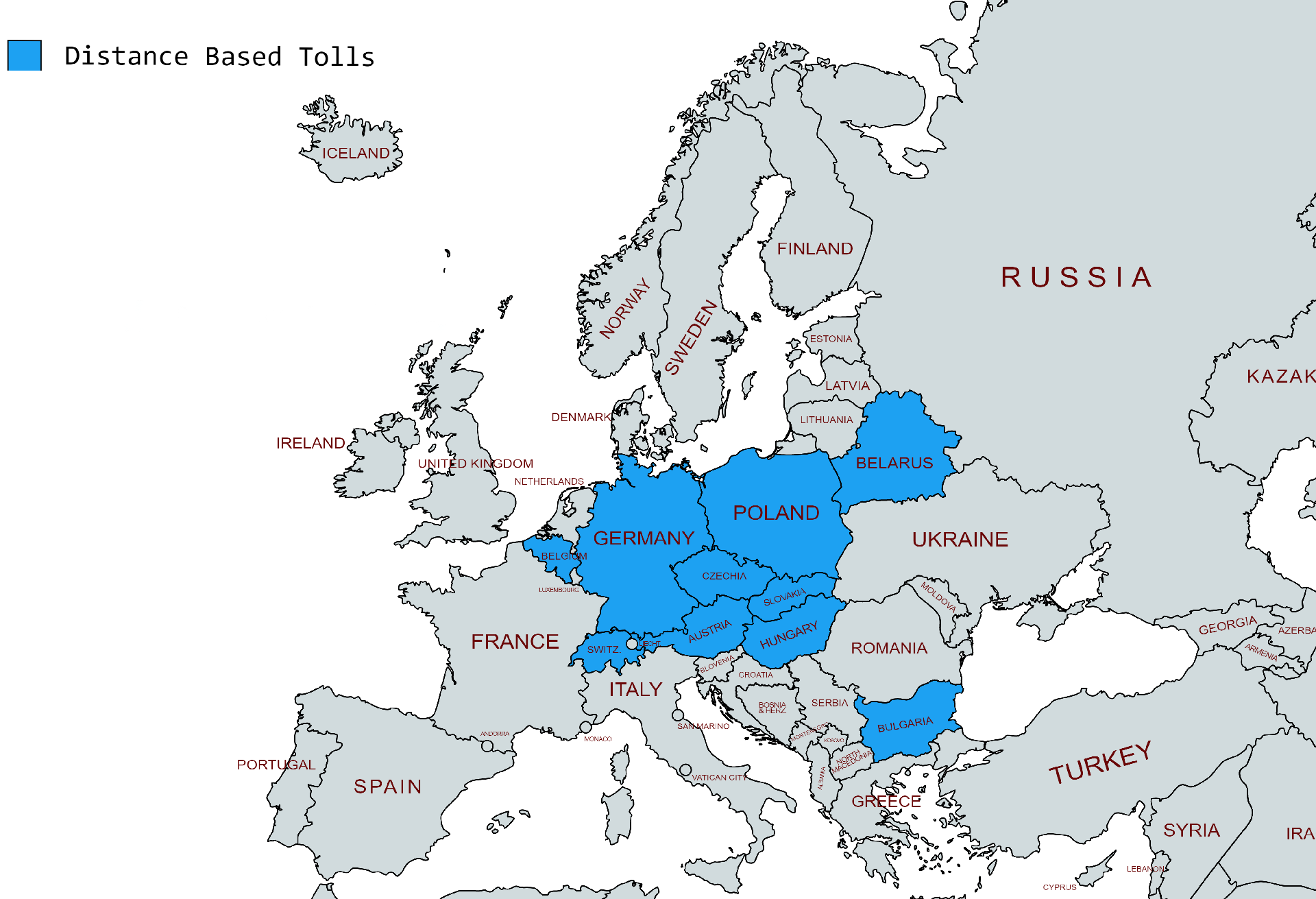 Countries with Distance-based tolling in Europe, distance-based tolls, on-board unit, obu tolls