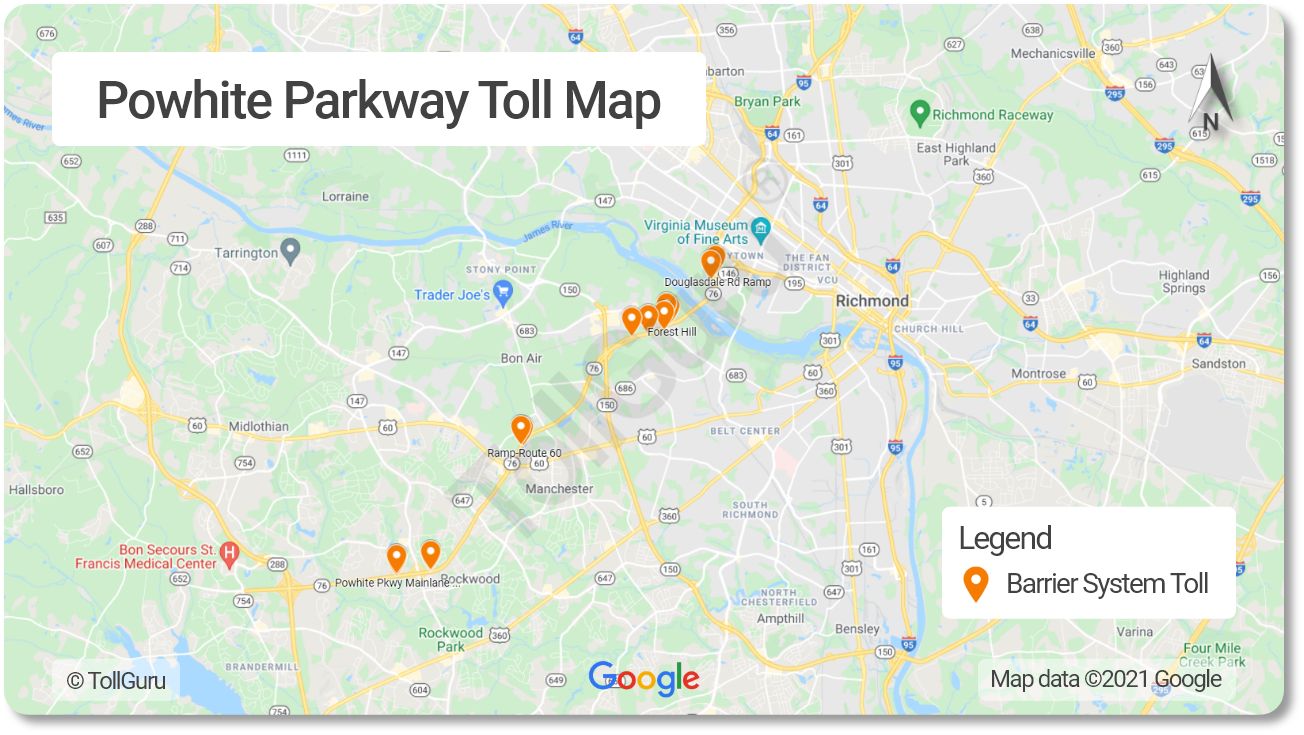 Toll booth locations on the Powhite Parkway, SR 76, connecting SR 288 I-195 and SR 195.