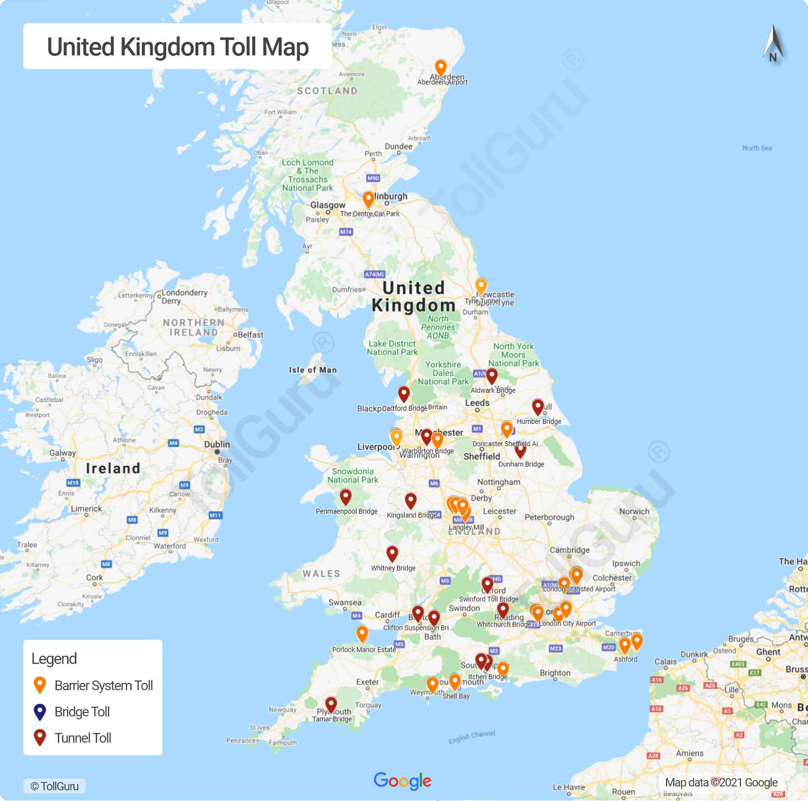 The toll plazas in the UK for all motorways, bridges and tunnels including the M25, M6 motorways, and Dartford Crossing.